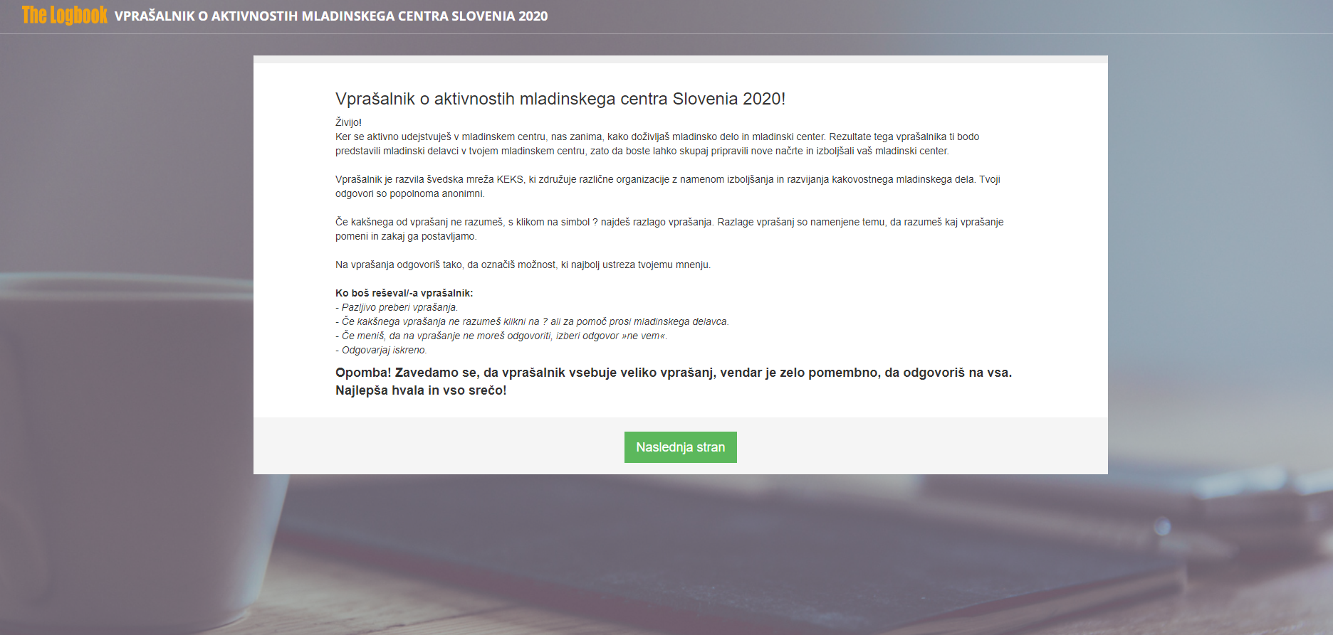 Spletni vprašalnik o aktivnostih mladinskega centra Slovenia 2020