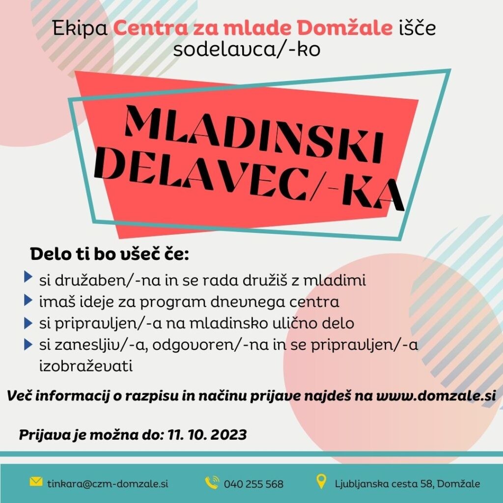 Center za mlade Domžale išče novega_o mladinskega_ko delavca_ko